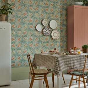 Emery Walker Wallpaper Morris & Co Wallpaper - floral and leaf pattern in greens and oranges.