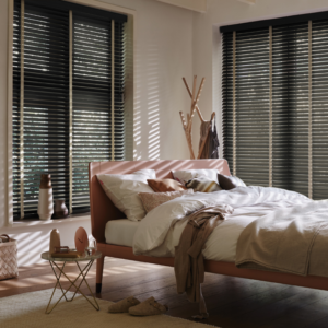 Luxaflex Wooden Blinds - black wood slats with three cream stipes down the length.