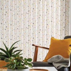 Rol-Lite Vertical Cotton Flower Ochre Blinds - light white vertical blinds with a grey, yellow and green simple floral pattern.
